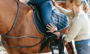 Instruktorka pomaga jeźdźcowi w siodle, poprawiając wodze. To nauka, co to jest trawers w jeździe konnej.