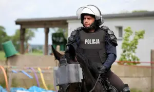 Policjant w pełnym rynsztunku, na koniu z osłoną na pysk, gotowy do akcji. Konie policyjne to ważny element służby.