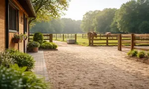 Słoneczny poranek na **padoku**. Drewniana stajnia, kwitnące pelargonie i dwa konie pasące się na zielonej łące.
