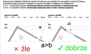 Ilustracja pokazuje dopuszczalną odległość stajni od sąsiada. 4m dla ściany z oknami, 3m dla ściany bez okien.
