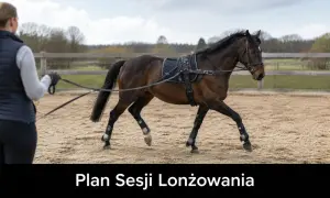 Trenerka prowadzi lonżowanie konia na piaskowej ujeżdżalni. Koń w siodle i ogłowiu biegnie po okręgu.