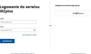 Ekran logowania do serwisu IRZplus, gdzie można wprowadzić login i hasło lub zalogować się przez login.gov.pl. Ułatwia to rejestrację zwierząt (IRZ).