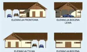 Elewacje przydomowej stajni z wiatą, dwoma drzwiami i oknami. Widać samochód i ławkę.