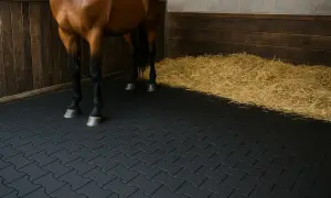 Koń stoi na gumowej macie w boksie. Widać słomę i drewniane ściany. To idealne wymiary boksu dla konia.