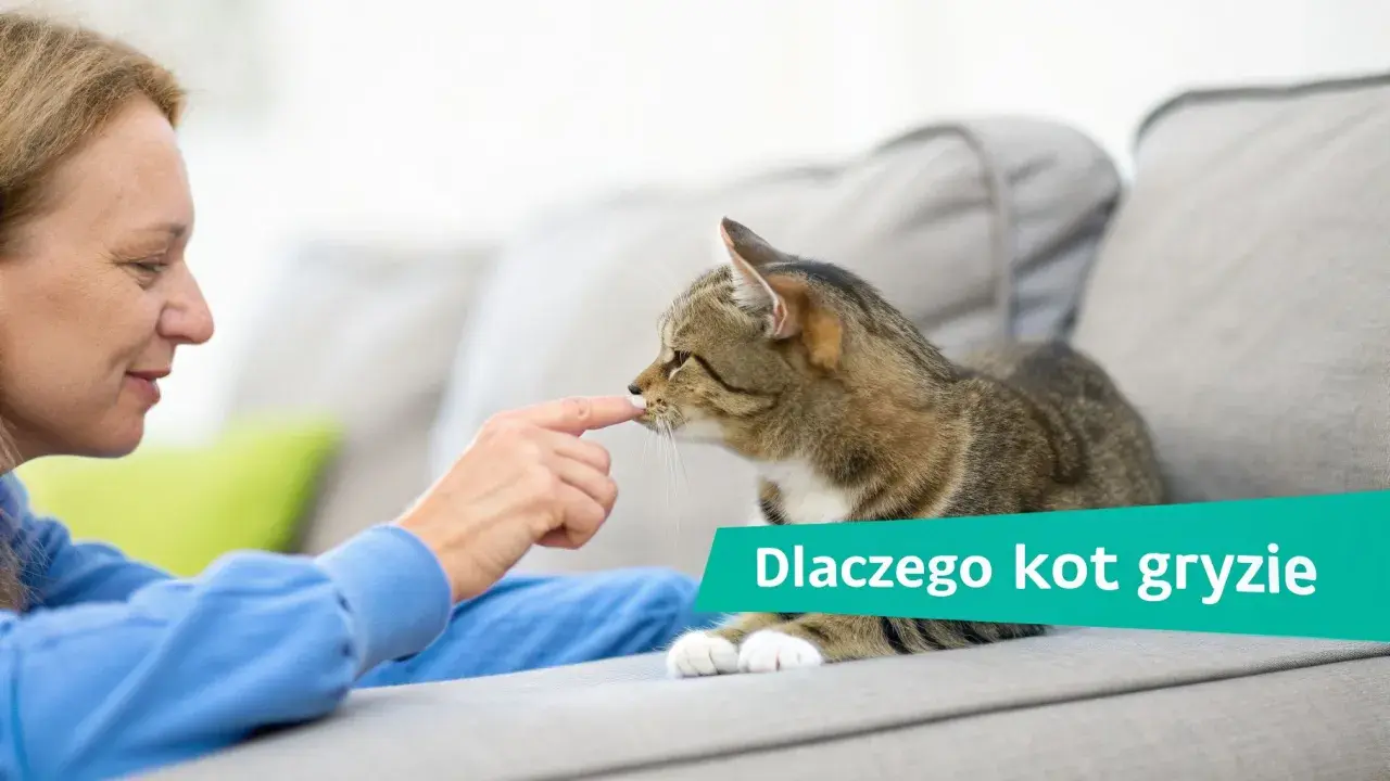 Kobieta delikatnie dotyka nosa kota, który leży na kanapie. Tekst na obrazku: "Dlaczego kot gryzie".