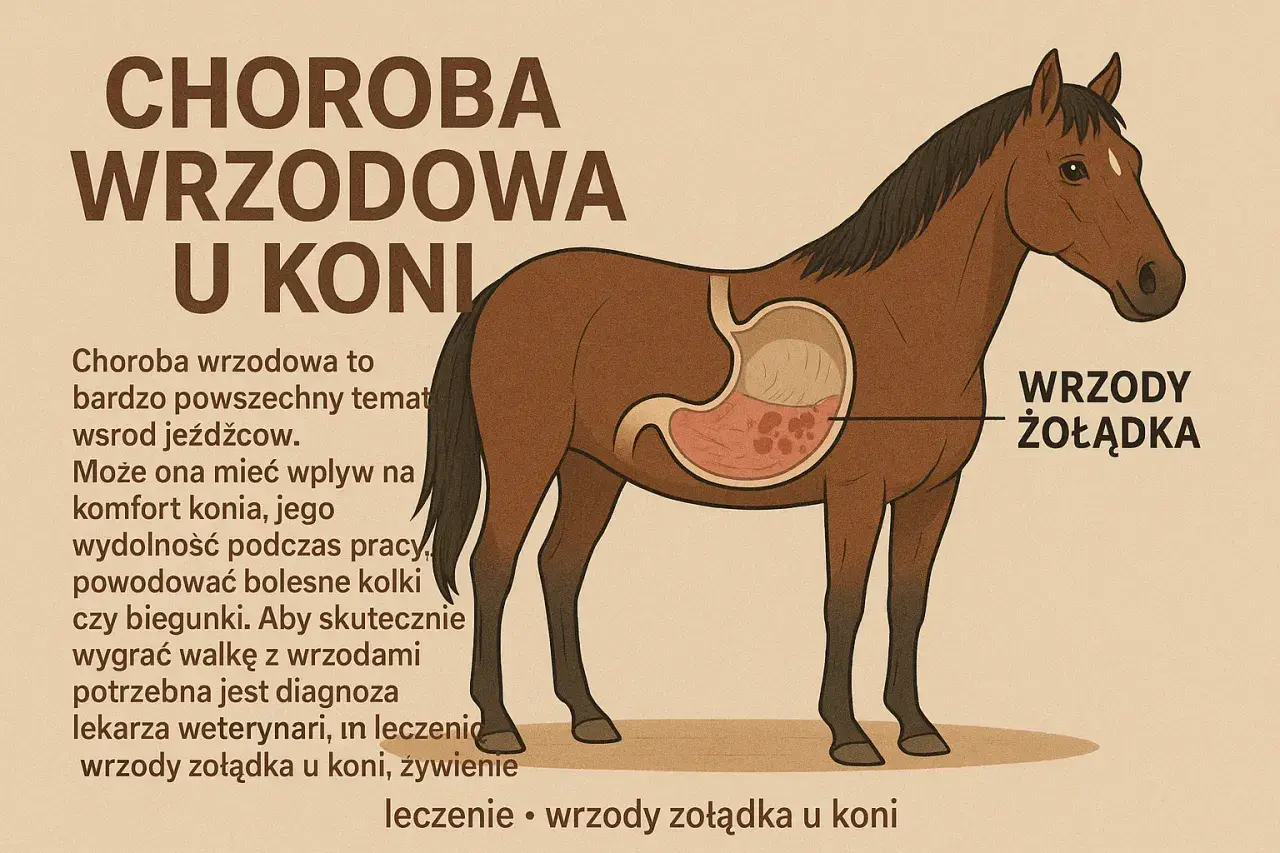 Ilustracja przedstawia konia z widocznym przekrojem żołądka, gdzie zaznaczone są wrzody. Choroba wrzodowa u koni to poważny problem.