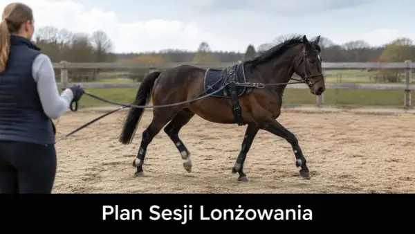 Trenerka prowadzi lonżowanie konia na piaskowej ujeżdżalni. Koń w siodle i ogłowiu biegnie po okręgu.