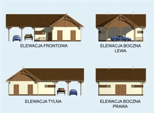 Elewacje przydomowej stajni z wiatą, dwoma drzwiami i oknami. Widać samochód i ławkę.